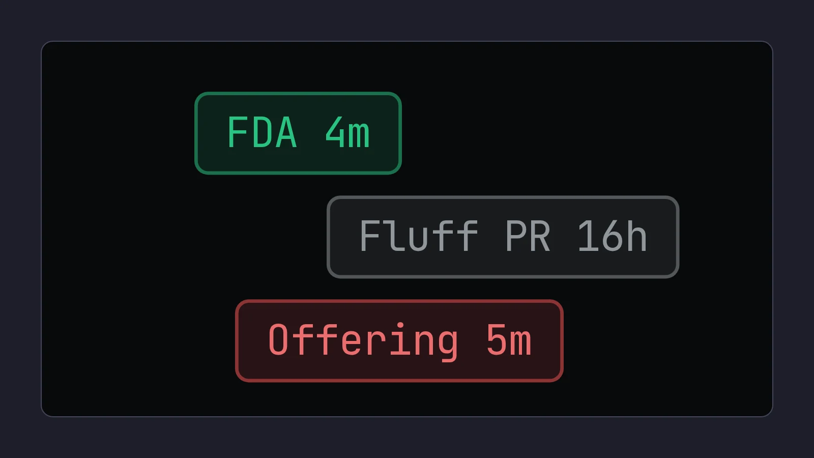 Three of Scalpel's catalyst chips, enlarged: a green FDA 4m chip, a grey Fluff PR 16h chip and a red Offering 5m chip